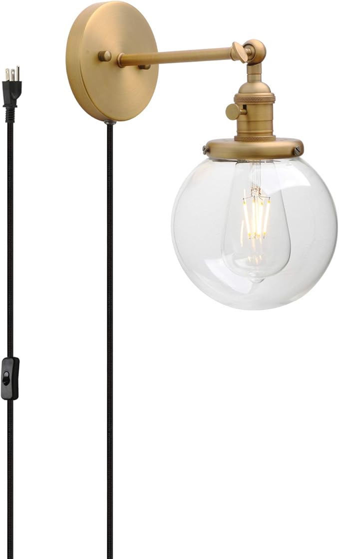 PERMO Plug in Sconce On/Off Switch Wall Sconce with 5.9" Round Globe Clear Glass Shade Vintage Industrial 1-Light Wall lamp Light Fixture (Antique Gold)