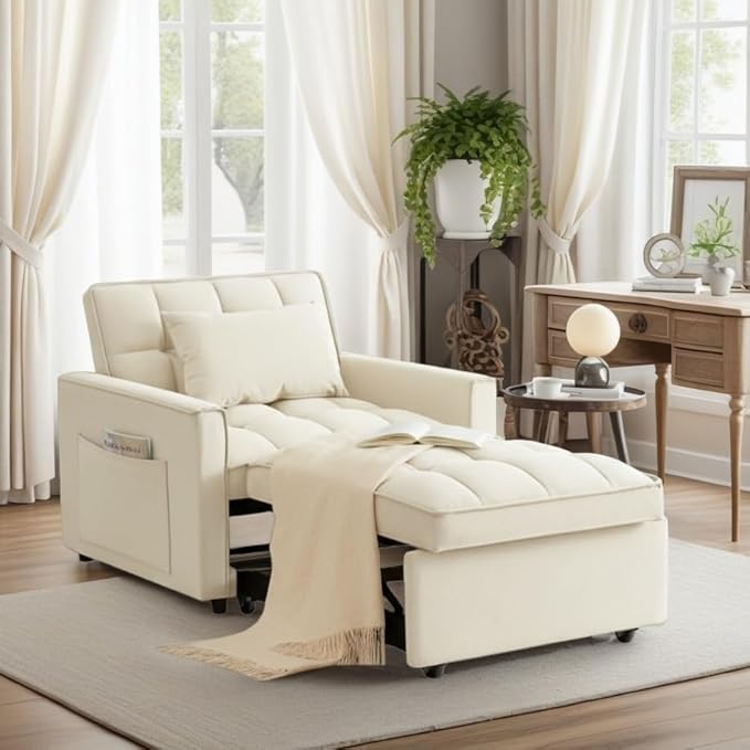 Sleeper Chair, Pull Out Chair Sleeper with Adjustable Back & Pocket, Convertible Chairs Bed Sleepers for Adults, 3 in 1 Sofa Bed Chairs for Small Spaces, Living Room, White