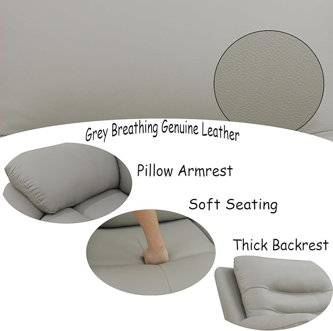 Power Reclining Sofa Set, Genuine Leather Recliner Sofa Set,Living Room Furniture Setwith USB Charging and LED Lights,for Living Room/Apartment/Office/Home Theather,Light Grey,L