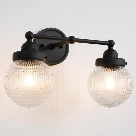 Vintage Double Arm Brass Wall Sconce Lighting, Clear Ribbed Glass 2-Lights Bathroom Vanity Light Fixture for Dining Room Bedroom Living Room Corridor