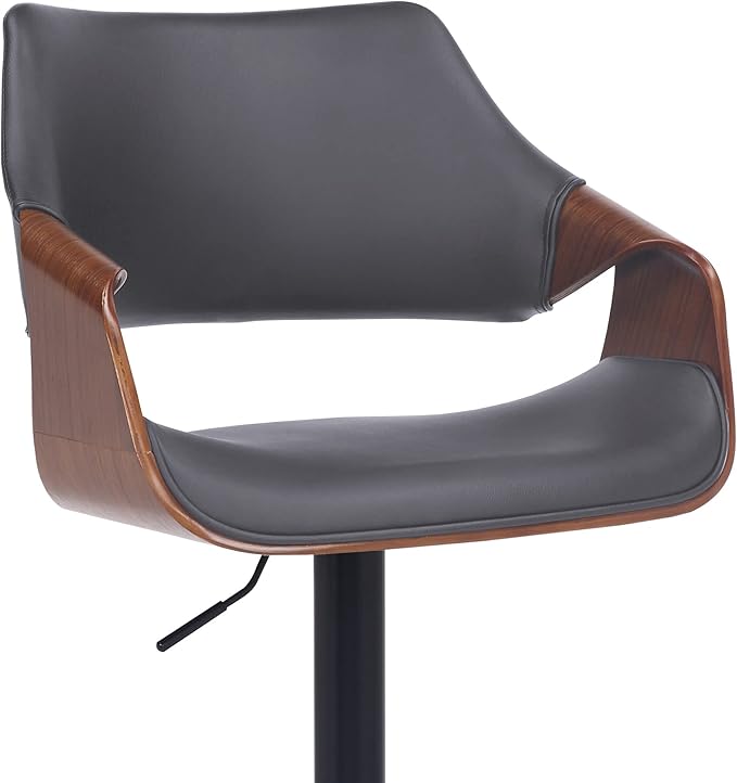 Aspen Adjustable Swivel Gray Faux Leather and Walnut Wood Bar Stool with Black Base