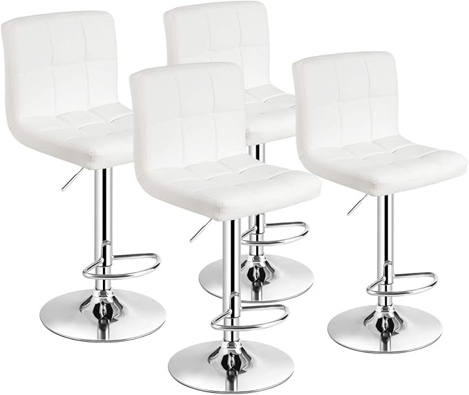 COSTWAY Adjustable Bar Stools Set of 4, Modern Swivel PU Leather Bar Chair with Backrest, Soft Cushioned Seat, Footrest, Sturdy Metal Frame, Comfortable Barstools for Kitchen Island, Pub, White