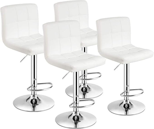 COSTWAY Adjustable Bar Stools Set of 4, Modern Swivel PU Leather Bar Chair with Backrest, Soft Cushioned Seat, Footrest, Sturdy Metal Frame, Comfortable Barstools for Kitchen Island, Pub, White