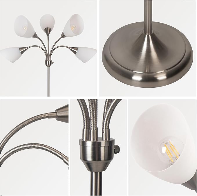 HonoDing Medusa Floor Lamps Standing Lamps 5 Heads Adjustable Reading Light Large Shade Use E26 A19 Bulb Floor Lamps for Living Room Bedroom (Satin Nickel)
