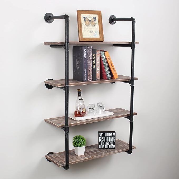 MBQQ Industrial Pipe Shelving Wall Mounted,30in Rustic Metal Floating Shelves,Steampunk Real Wood Book Shelves,Wall Shelf Unit Bookshelf Hanging Wall Shelves,Farmhouse Kitchen Bar Shelving(4 Tier)