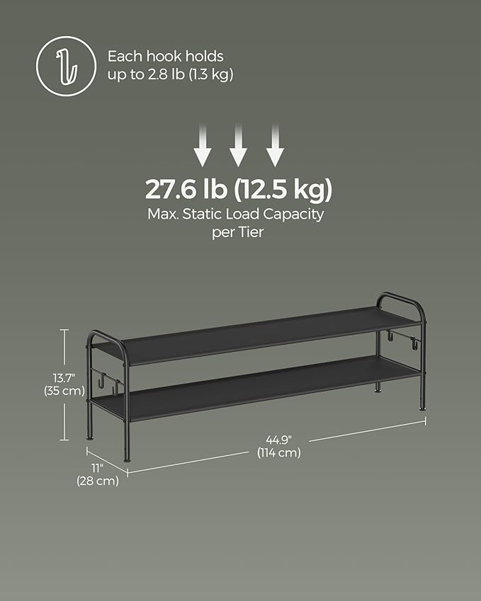 SONGMICS Shoe Rack, 2-Tier Shoe Organizer, Fabric Shoe Shelf Storage with 4 Hooks, Holds up to 12 Pairs of Shoes, Height-Adjustable Shoe Rack for Entryway, Hallway, Closet, Easy Assembly, Ink Black