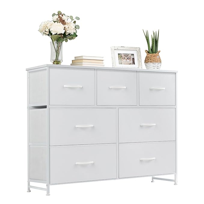Dresser with 7 Drawers for Bedroom, Fabric Clothes Cabinet for Closet, Anti-Tip Storage Dresser with Metal Frame for Living Room, Entryway, Dorm, White