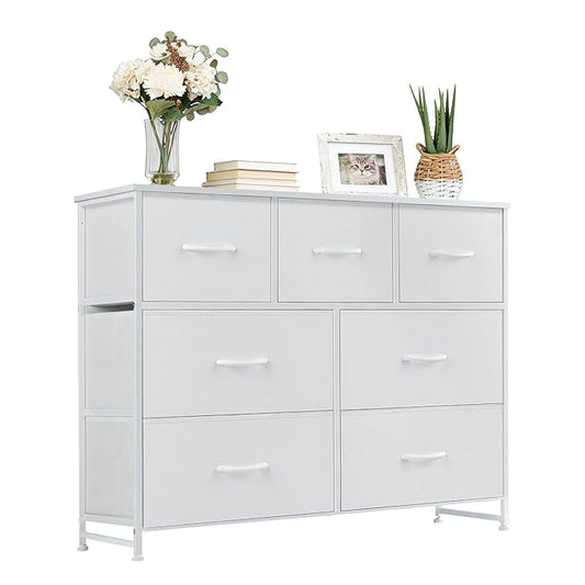 Dresser with 7 Drawers for Bedroom, Fabric Clothes Cabinet for Closet, Anti-Tip Storage Dresser with Metal Frame for Living Room, Entryway, Dorm, White