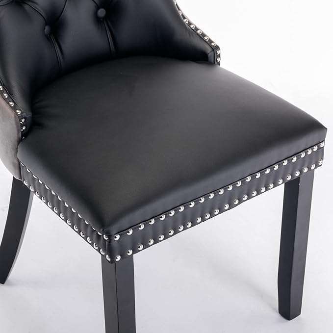 2-Pcs Set PU and Velvet Upholstered Dining Chair with Wood Legs,Nailhead Trim Modern Upholstered Side Chair W/Button Back Ring,for Sitting Room,Apartment,Black+Gray