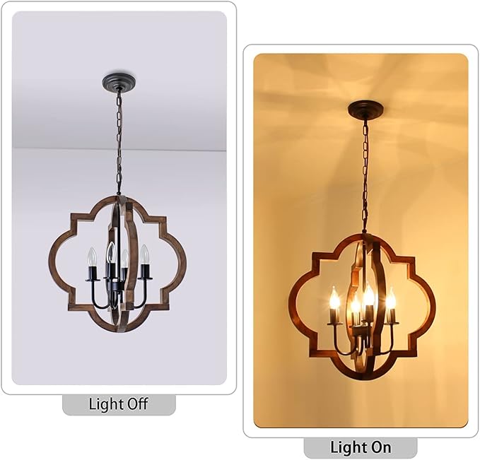 19.49'' Farmhouse Wood Chandelier, 4-Light Rustic Dining Room Light Fixture, Orb Chandelier Light Adjustable Height, Pendant Lighting for Kitchen Island Foyer Living Room Over Dining Table