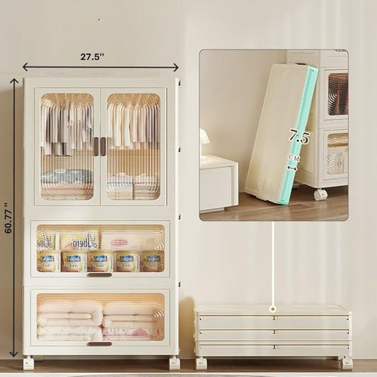 Chekki's Portable Wardrobe Closet with Shelves; Foldable Design for Easy Storage; Transparent Cabinet Doors; Children, Kids Wardrobe