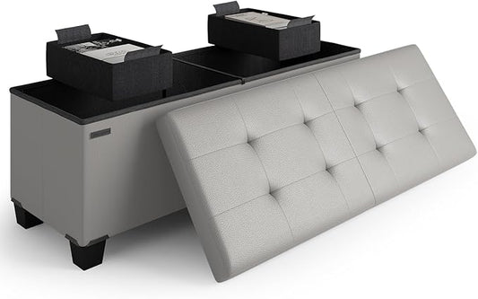 Storage Ottoman Bench with Bins, 43-in Storage Bench for Bedroom End of Bed, Folding Foot Rest Ottoman for Living Room Max 660lbs, Leather Ottomans, Light Grey