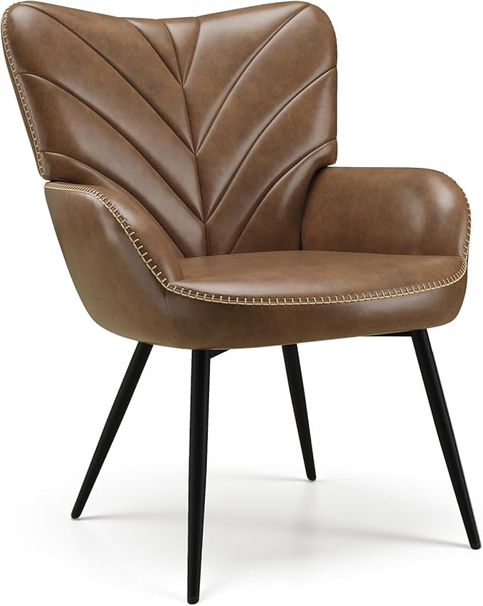 Mid-Century Modern Faux Leather Accent Chair for Living Room, Upholstered Armchair with Curved Ergonomic Back, High-Density Cushion & Metal Legs, Lounge Chair for Bedroom/Reading Corner