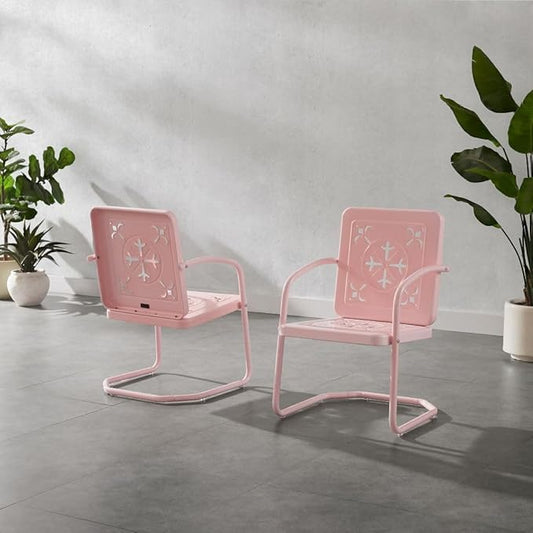 Crosley Furniture Azalea 2-Piece Outdoor Chair Set, Vintage Retro Metal Patio Chairs for Dining, Porch, Deck, Pastel Pink Gloss