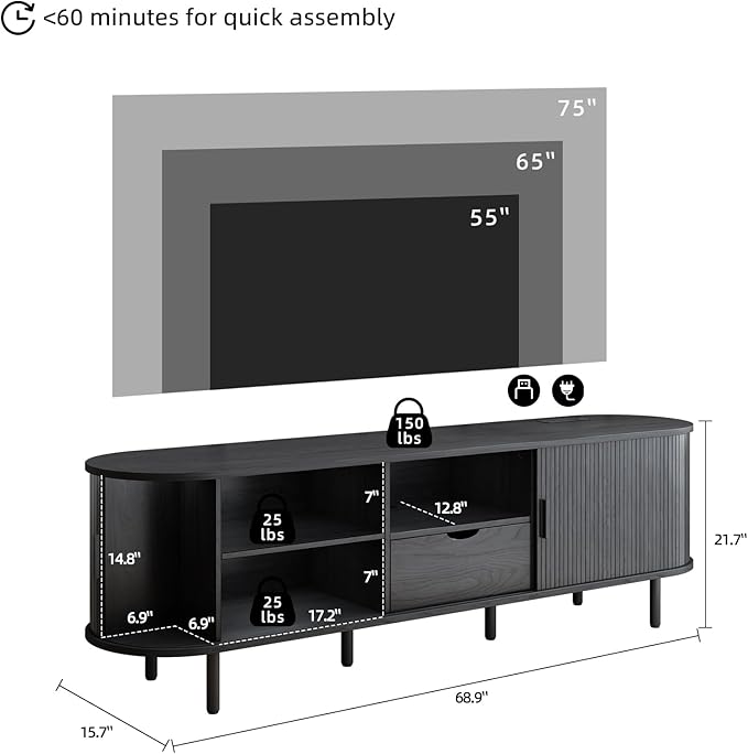 69" Mid-Century TV Stand with Power Outlet, Fluted Entertainment Center with Storage Drawer, TV Console with Sliding Door and Adjustable Shelves, TV Stand up to 80" for Living Room, Bedroom, Black