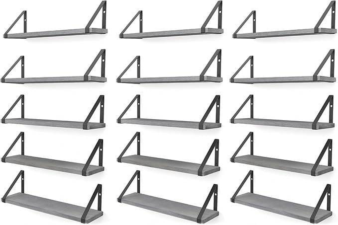 Wallniture Ponza 17'' x 4.5'' Floating Wall Shelf Bathroom, Small Wood Book Shelves for Wall Storage, Wall Mounted Shelf, Dining Room, Bedroom, Living Room, Office & Kitchen Organization, Gray, 15pcs