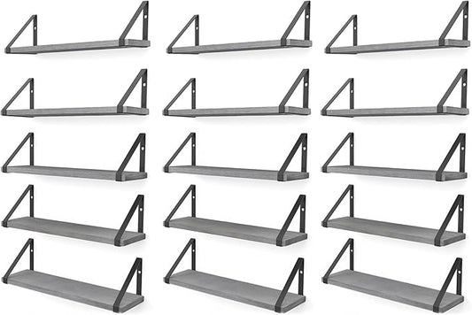 Wallniture Ponza 17'' x 4.5'' Floating Wall Shelf Bathroom, Small Wood Book Shelves for Wall Storage, Wall Mounted Shelf, Dining Room, Bedroom, Living Room, Office & Kitchen Organization, Gray, 15pcs