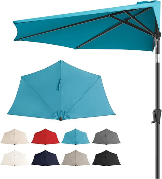 9ft Half Umbrellas Outdoor - Half Patio Umbrella with Tilt, UV Protection Waterprool, Half Round Umbrella for Wall Balcony, Pool, Porch, Garden, Deck, Backyard (Aqua Blue)