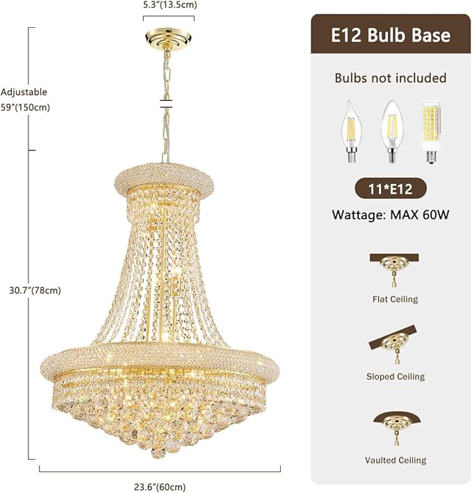 Gold Modern Crystal Chandeliers Diameter 23.6" Empire Crystal Chandeliers, 11-Lights Foryer Chandelier for High Ceilings Living Dining Room Entryway Hallway