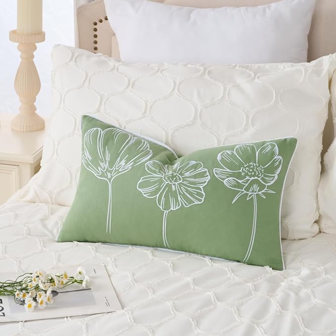 Sunkifover Decorative Floral Lumbar Pillow Cover 12x20 Inch Sage Green and White Cotton Embroidery Flower Throw Pillowcase Cushion Cover for Bed Bedroom, Living Room, Sofa