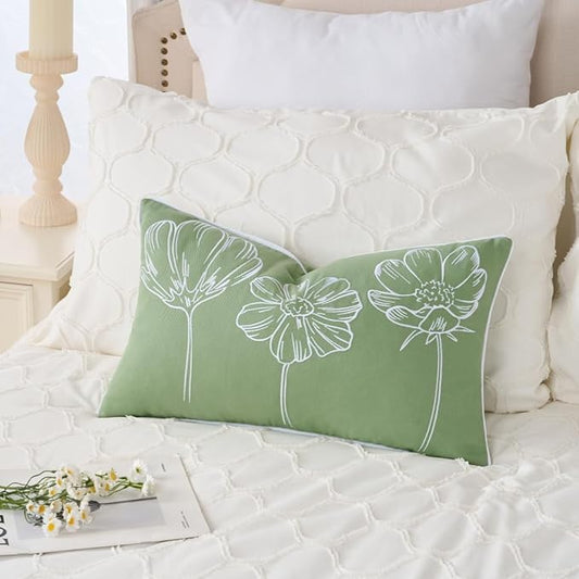 Sunkifover Decorative Floral Lumbar Pillow Cover 12x20 Inch Sage Green and White Cotton Embroidery Flower Throw Pillowcase Cushion Cover for Bed Bedroom, Living Room, Sofa