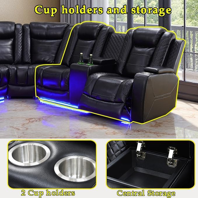 A Ainehome Living Room Furniture Power Recliner Sectional Sofa Set, Power Reclining Sectional Couch, Adjustable Sofa, Loveseat and Chair with USB Chargers/Storage Console for Living Room(B-Black)