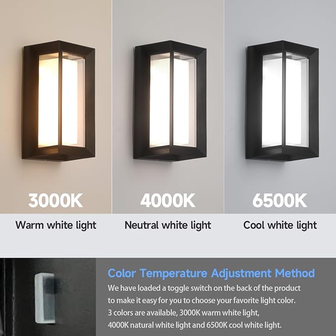 Outdoor Porch Light,15%-100% Dimmable Indoor Wall Light Fixtures,3000K/4000K/6500K Adjustable,24W Exterior Wall Lighting,Waterproof Outdoor Modern Wall Sconce Lights,2160LM Indoor Wall Sconce 2 Pack