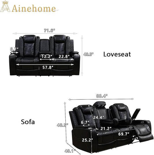 A Ainehome Power Leather Recliner Sofa Set with LED Lights, Recliner Sofa Sectional Couches for Living Room, Reclining Sofa and loveseat, USB Port/Storage Console/Cup Holder(Black,Sofa+loveseat)