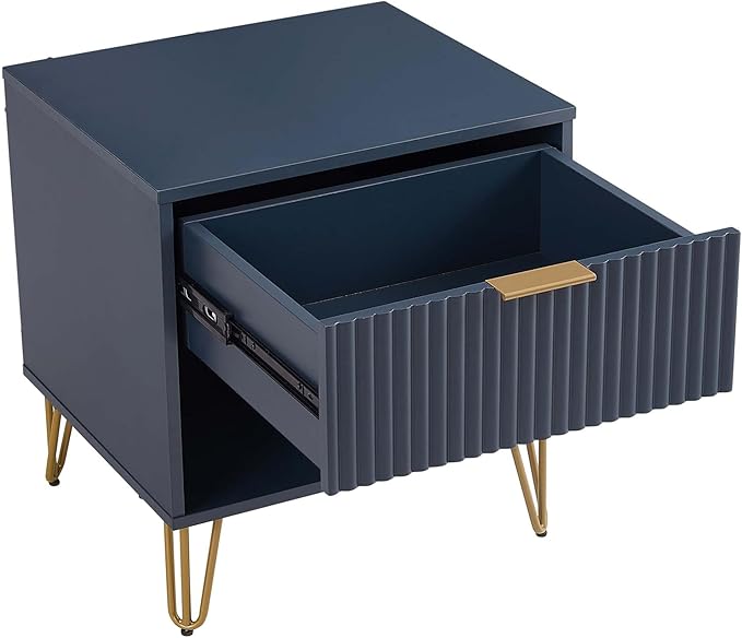 Manhattan Comfort Dumbo Modern Nightstand 1.0 with 1 Drawer and Metal Feet | Splayed Gold Legs | Vertical Ribbed Design | No Tool Assembly Storage for Bedroom & Living Room, Set of 2, Midnight Blue