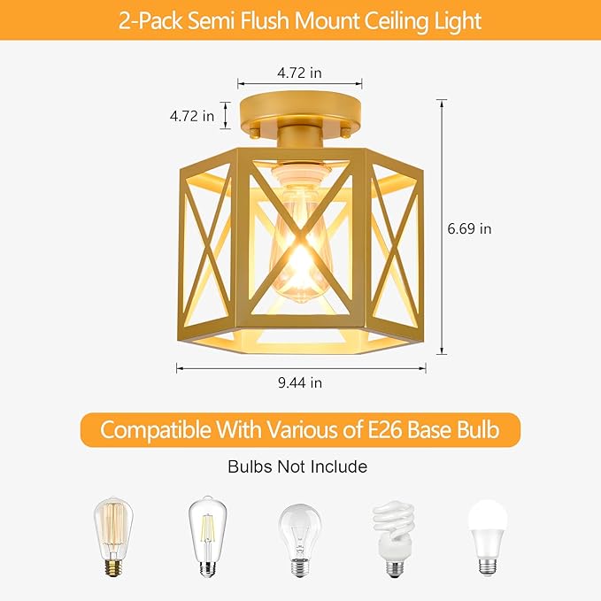 2 Pack Gold Semi Flush Mount Ceiling Light, Farmhouse Hallway Light Fixture Ceiling Mount, Metal Chandelier with Hexagonal Cage, Vintage Lantern Lamp for Kitchen Porch Sink