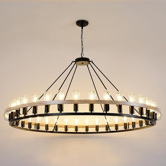 Wagon Wheel Chandelier 60-Inch 36-Light, Black and Oak Wood Tone Finish Round Rustic Farmhouse Chandelier Extra Large for High Ceilings, Living Room Foyer