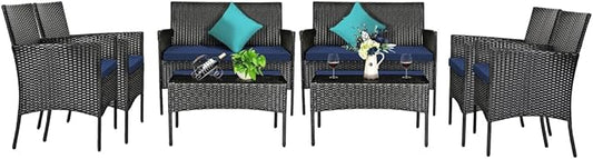 Tangkula 8 Piece Patio Furniture Set, Outdoor Wicker Conversation Set with Tempered Glass Coffee Table, Rattan Loveseat & Chairs Set with Seat Cushions for Backyard, Garden, Poolside (2, Navy)