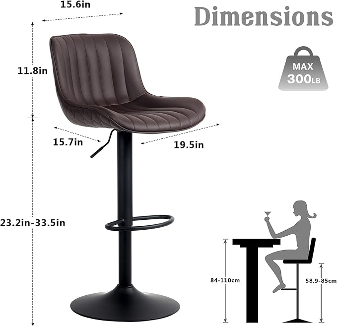 YOUNUOKE Bar Stools Set of 2 Adjustable Counter Height Barstools PU Leather Upholstered Stool with Back Mid Century Modern Chairs for Home Kitchen Island, Brown