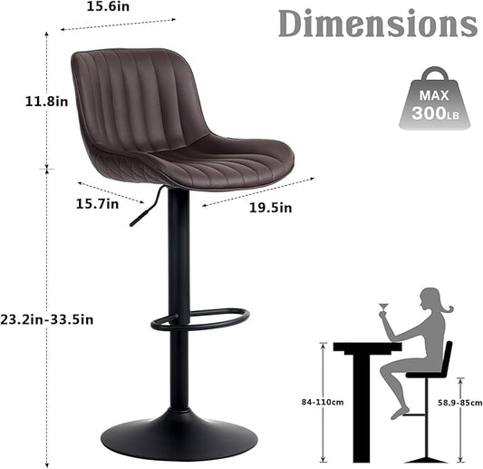 YOUNUOKE Bar Stools Set of 2 Adjustable Counter Height Barstools PU Leather Upholstered Stool with Back Mid Century Modern Chairs for Home Kitchen Island, Brown