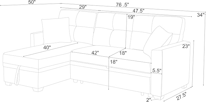 ERYE 76.5-inch Pull Out Sleeper Couch Bed, L-Shaped Reversible Sleeper Sectional Sofa Polyester Blend Tufted Upholstered Corner Convertible Sofa Bed with Storage Chaise