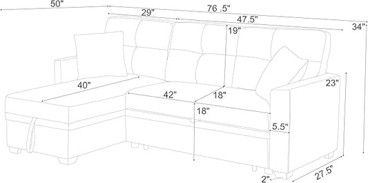 ERYE 76.5-inch Pull Out Sleeper Couch Bed, L-Shaped Reversible Sleeper Sectional Sofa Polyester Blend Tufted Upholstered Corner Convertible Sofa Bed with Storage Chaise
