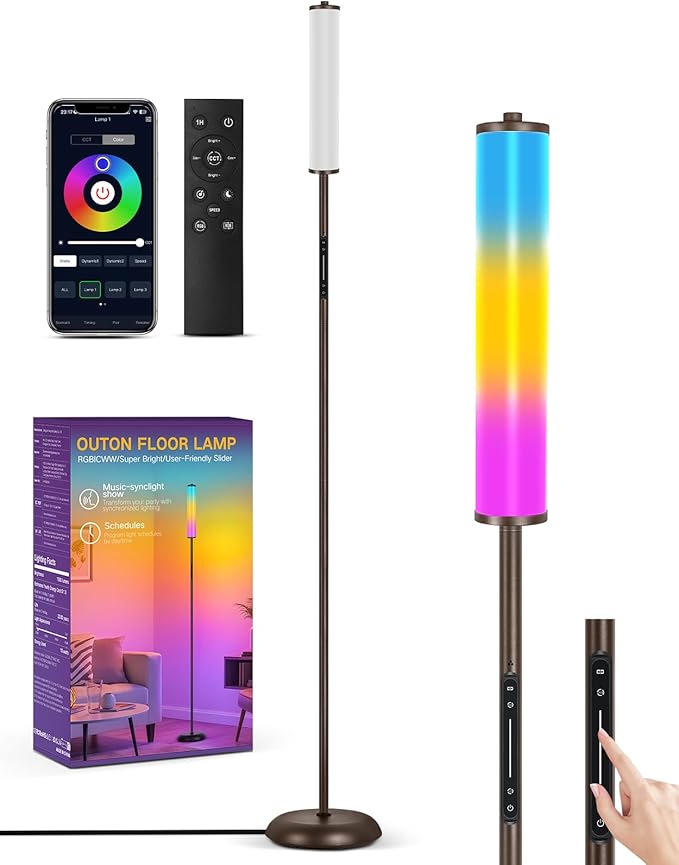 OUTON LED Floor Lamp with Remote & APP Control, 1500LM Ultra Bright Tall Standing Lamp, 16 Million Colors, 32 Scene Modes & Music Sync, Modern Corner Lamps for Living Room, Bedroom, Gaming, Brown