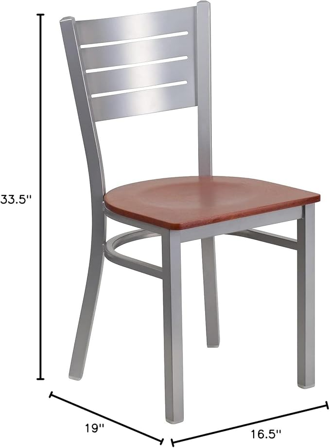 Flash Furniture 2 Pk. HERCULES Series Silver Slat Back Metal Restaurant Chair - Cherry Wood Seat