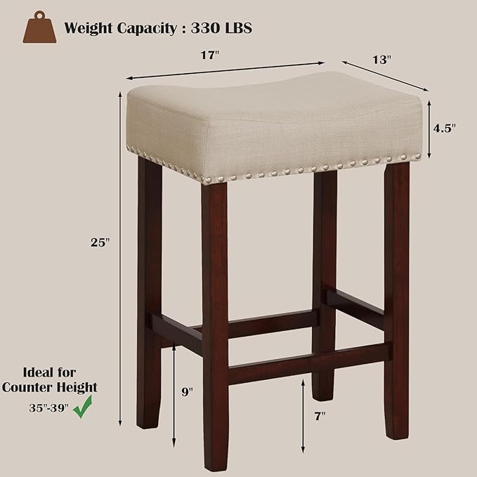 ERGOMASTER Bar Stools, 24 Inch Modern Saddle Stools, Rubber Wood, Khaki/Brown, Set of 4