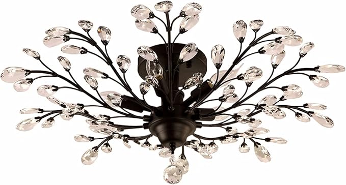 SEOL-Light Vintage Large Crystal Branches Chandeliers Black Close to Ceiling Light Flush Mount Fixture with 5 Light 200W 31.5" Dia;