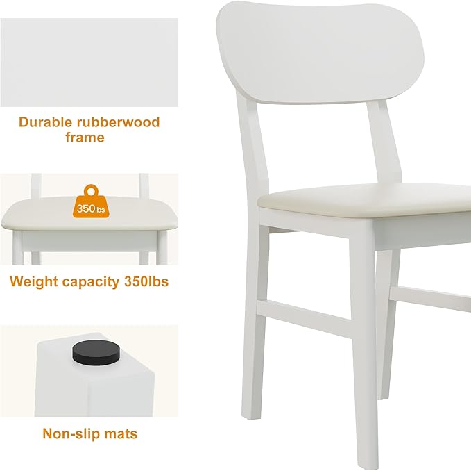 Farmhouse Dining Chairs Set of 4, Solid Wood, Modern Leather Upholstered Kitchen Chairs, Side Seating for Kitchen, Dining Room, Living Room, Home Office, Terrace, 350LBS Capacity, White