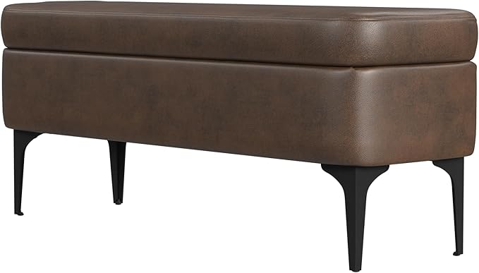 HomePop Upholstered Storage Bench with Metal Leg, 42" W, Brown PU Leather