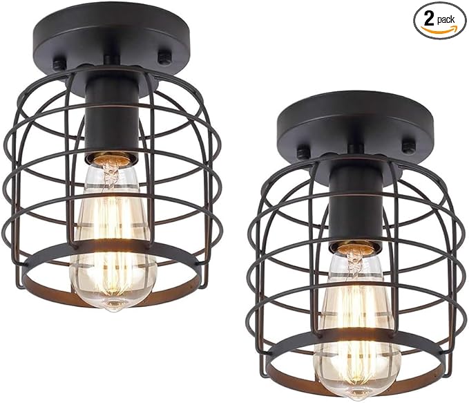 Create For Life® Industrial Vintage Flush Mount Ceiling Light,Rustic Metal Cage Semi Flush Mount Ceiling Lamp Fixture for Hallway Stairway Kitchen Garage, E26, Black Finish,2 Pack