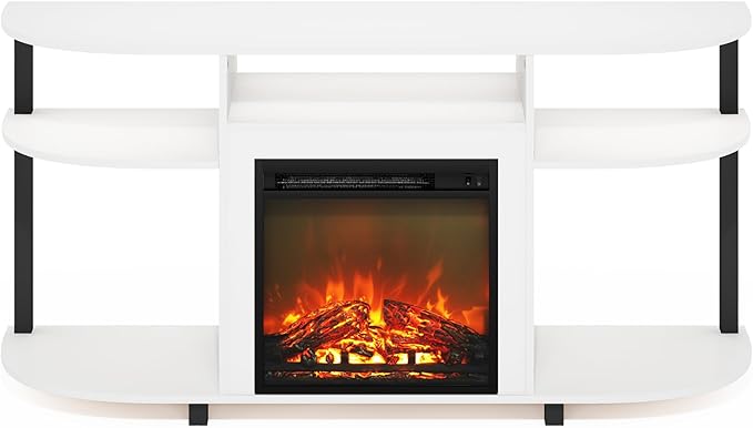 Furinno Jensen Fireplace TV Stand, Curved Entertainment Center, TV Console for TV up to 55 Inch with Fireplace and Open Storage, for Living Room, Bedroom, Solid White