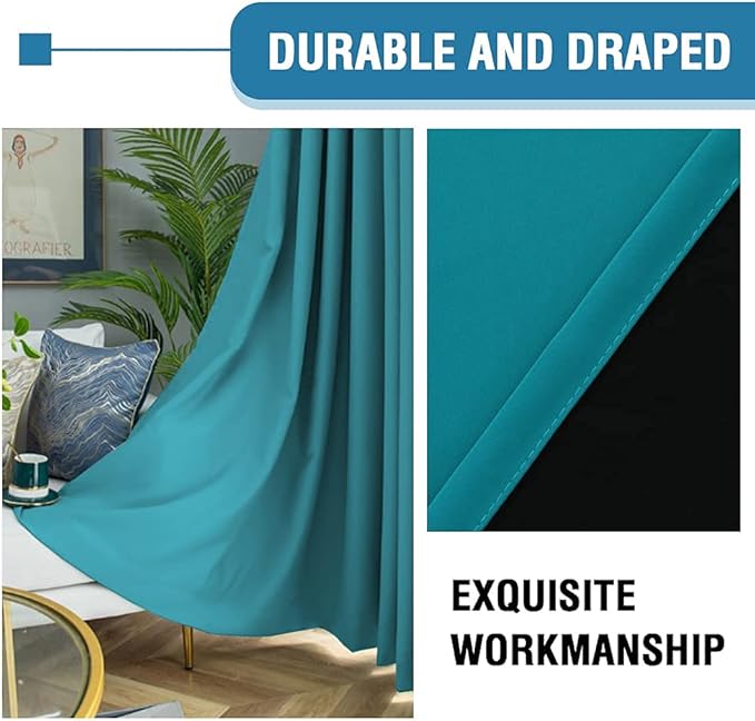 H.VERSAILTEX 100% Blackout Curtains for Bedroom Thermal Insulated Blackout Curtains 96 inch Length Heat and Full Light Blocking Curtains for Living Room with Black Liner 2 Panels Set, Turquoise Blue