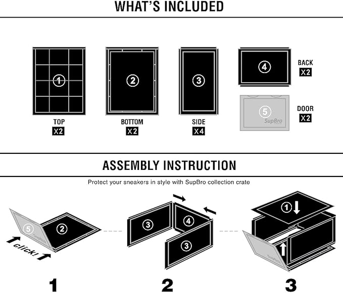 SupBro Collection Crate - Easy Access Storage Shoes Box -Plastic Foldable Stackable Sneaker Display Storage with Clear Front Door Organizer-2 Pack (Steel Flash)
