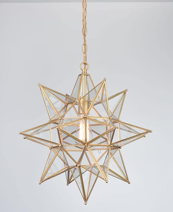 DIRYZON 20 Inch Gold Large Moravian Star Pendant Light Mid Century Clear Glass Hanging Pendant Light for Kitchen Bedroom Porch