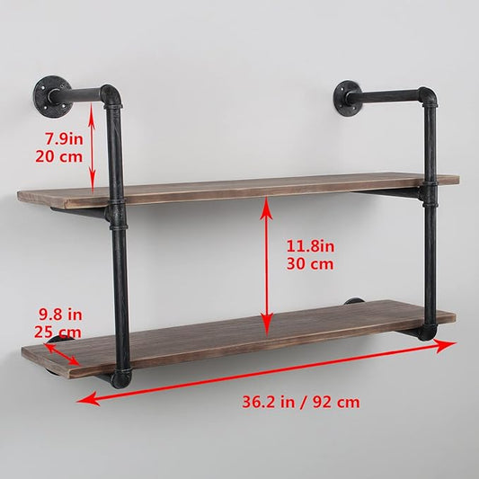 MBQQ Industrial Pipe Shelving Wall Mounted,36in Rustic Metal Floating Shelves,Steampunk Real Wood Book Shelves,Wall Shelf Unit Bookshelf Hanging Wall Shelves,Farmhouse Kitchen Bar Shelving(2 Tier)