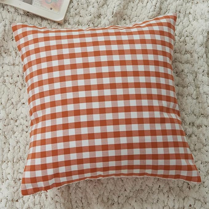 HOPLEE Orange Farmhouse Fall Pillow Covers 16x16 Decorative Throw Pillow Cover Cushion Cover with Buffalo Plaid, Solid Orange, Striped and Gingham Plaid Design 16x16 inches,4 Pack