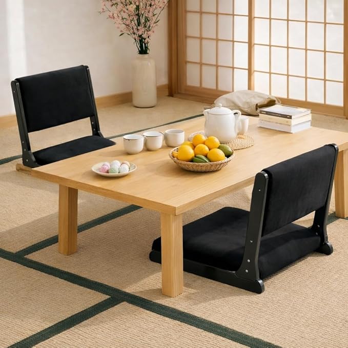 HollyHOME Foldable Tatami Chair, Upholstered Japanese Style Floor Seat, Wood Legless Back Rest With Cushion, Accent Meditation for Bay Window, Living Room, Bedroom, Black